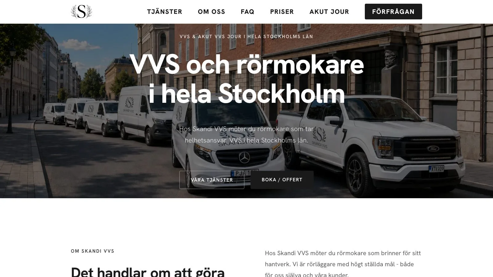 Startsidan på skandivvs.se med rubriken VVS och rörmokare i hela Stockholm